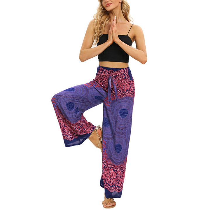 Pantalones anchos de mujer con estampado de piedras de Buda, brújula bohemia y flor, y cordones