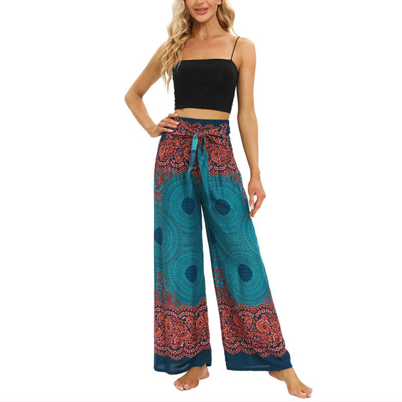 Pantalones anchos de mujer con estampado de piedras de Buda, brújula bohemia y flor, y cordones