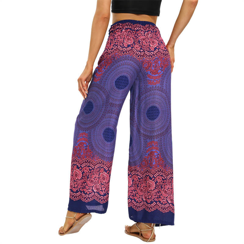 Pantalones anchos de mujer con estampado de piedras de Buda, brújula bohemia y flor, y cordones