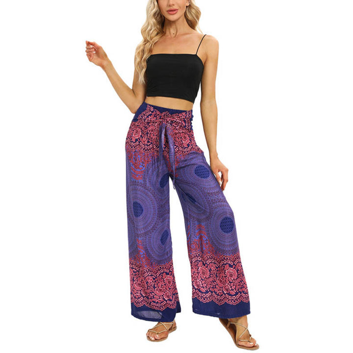 Pantalones anchos de mujer con estampado de piedras de Buda, brújula bohemia y flor, y cordones