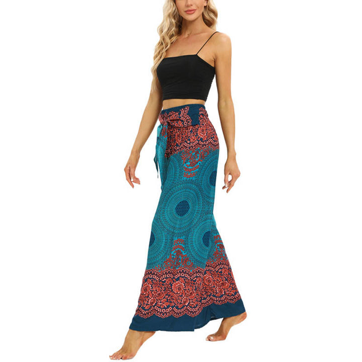 Pantalones anchos de mujer con estampado de piedras de Buda, brújula bohemia y flor, y cordones