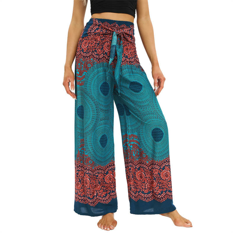Pantalones anchos de mujer con estampado de piedras de Buda, brújula bohemia y flor, y cordones