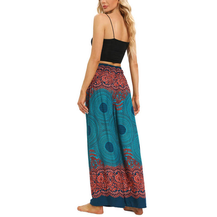 Pantalones anchos de mujer con estampado de piedras de Buda, brújula bohemia y flor, y cordones