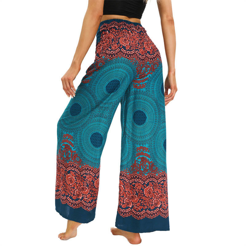 Pantalones anchos de mujer con estampado de piedras de Buda, brújula bohemia y flor, y cordones