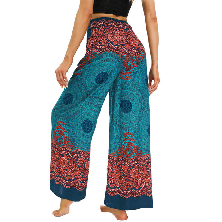Pantalones anchos de mujer con estampado de piedras de Buda, brújula bohemia y flor, y cordones
