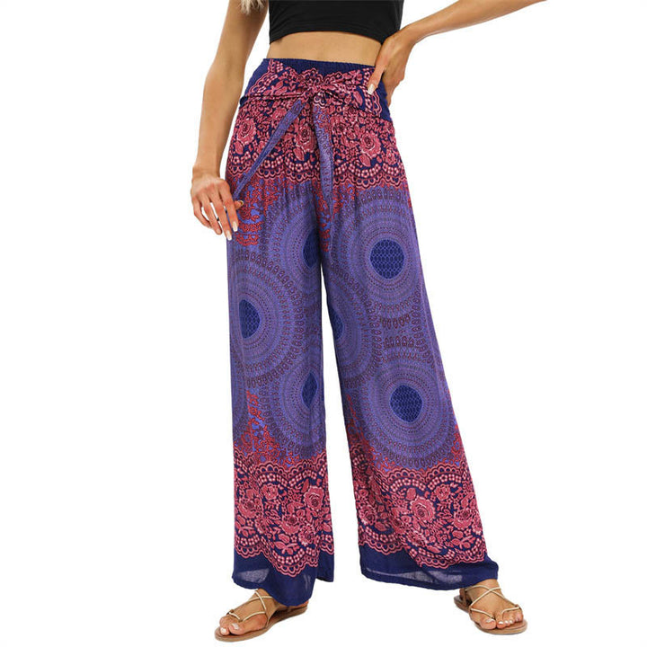 Pantalones anchos de mujer con estampado de piedras de Buda, brújula bohemia y flor, y cordones