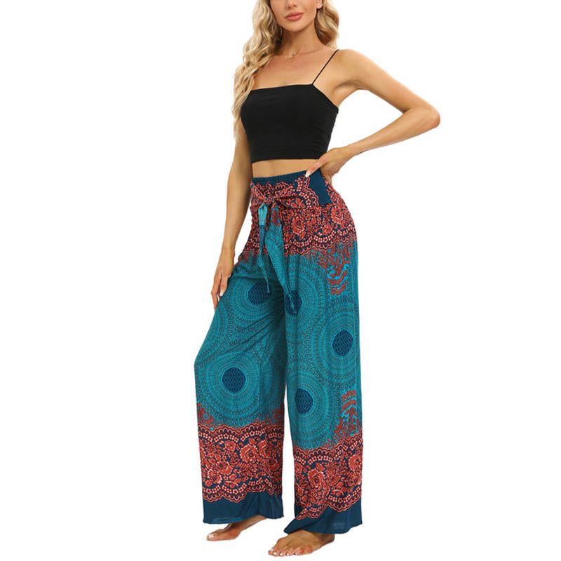 Pantalones anchos de mujer con estampado de piedras de Buda, brújula bohemia y flor, y cordones