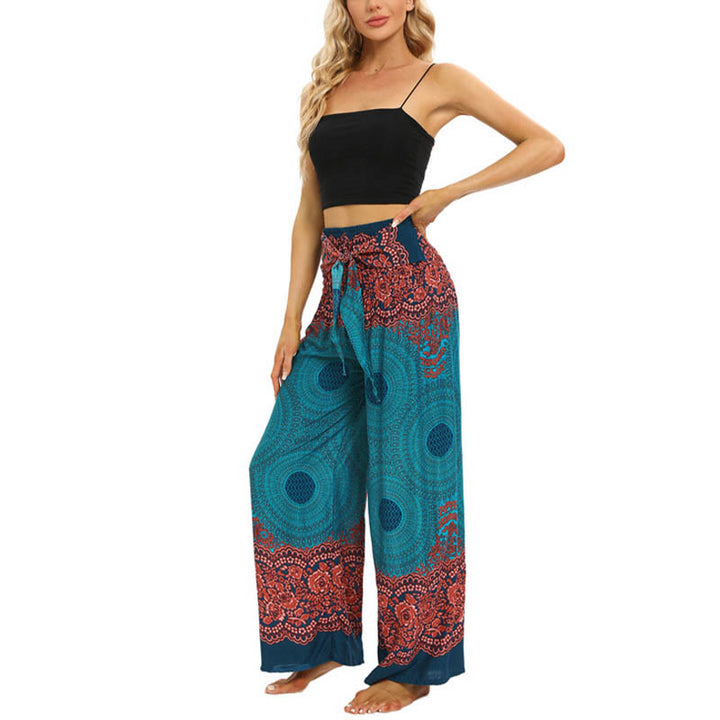 Pantalones anchos de mujer con estampado de piedras de Buda, brújula bohemia y flor, y cordones