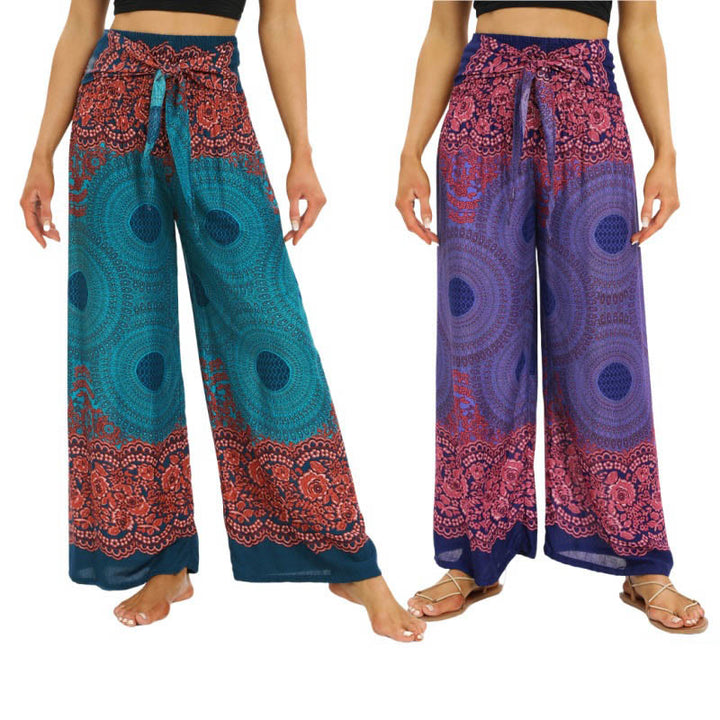 Pantalones anchos de mujer con estampado de piedras de Buda, brújula bohemia y flor, y cordones