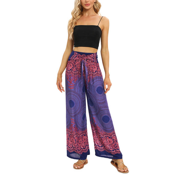 Pantalones anchos de mujer con estampado de piedras de Buda, brújula bohemia y flor, y cordones