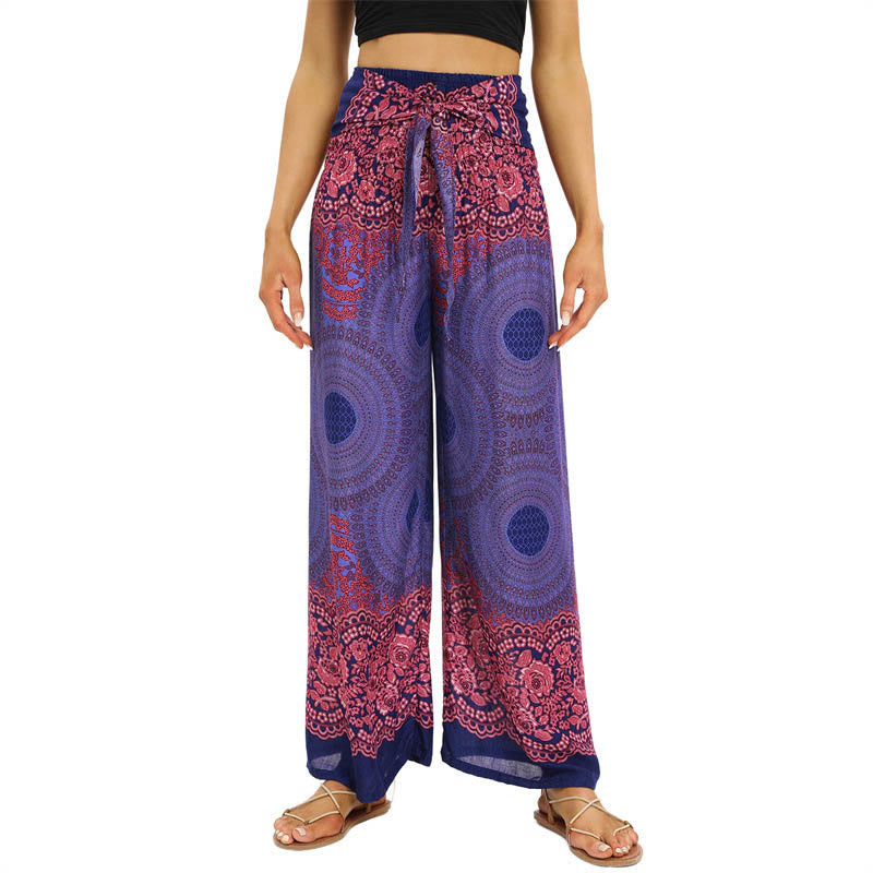 Pantalones anchos de mujer con estampado de piedras de Buda, brújula bohemia y flor, y cordones