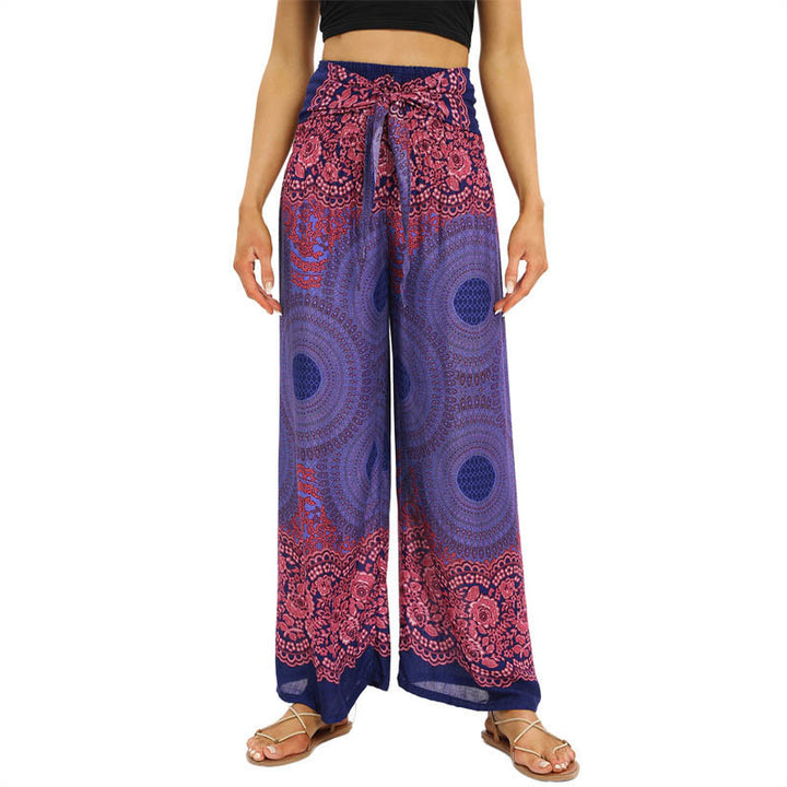 Pantalones anchos de mujer con estampado de piedras de Buda, brújula bohemia y flor, y cordones