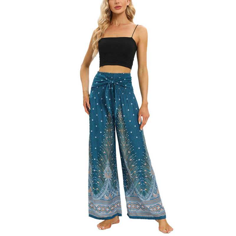 Pantalones de pierna ancha con piedras de Buda, plumas de pavo real boho y cordones, pantalones de yoga para mujer - image 15
