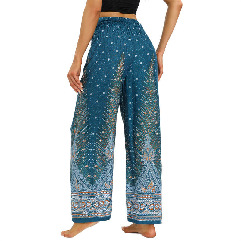 Pantalones de pierna ancha con piedras de Buda, plumas de pavo real boho y cordones, pantalones de yoga para mujer - image 11