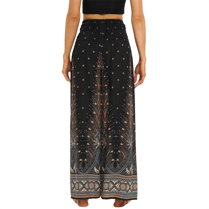 Pantalones de pierna ancha con piedras de Buda, plumas de pavo real boho y cordones, pantalones de yoga para mujer - image 3