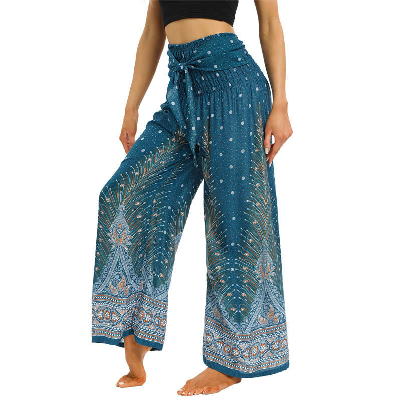 Pantalones de pierna ancha con piedras de Buda, plumas de pavo real boho y cordones, pantalones de yoga para mujer - image 10