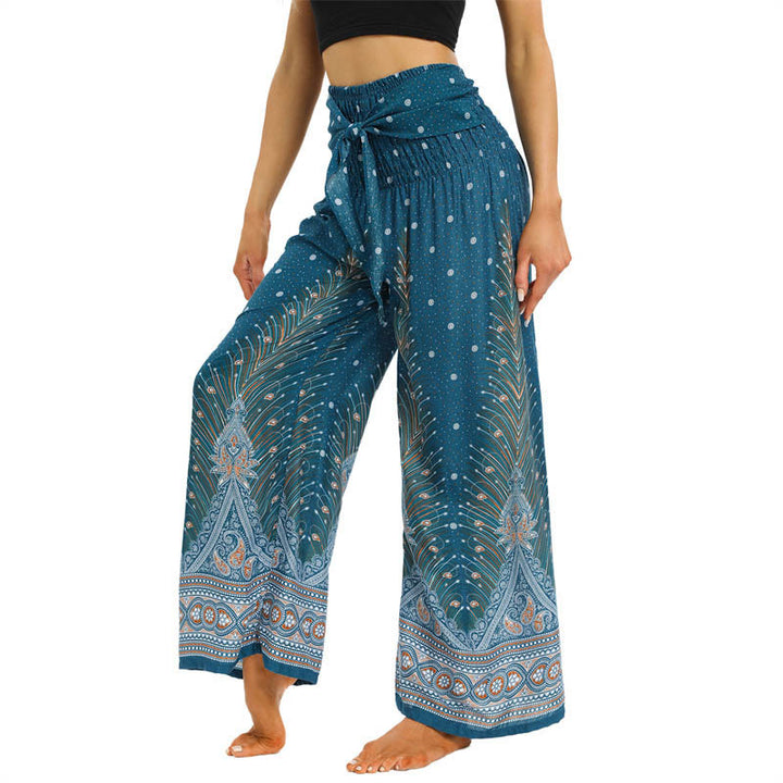 Pantalones de pierna ancha con piedras de Buda, plumas de pavo real boho y cordones, pantalones de yoga para mujer - image 10
