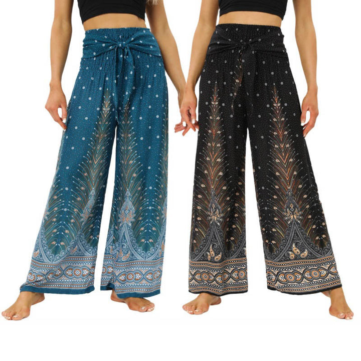 Pantalones de pierna ancha con piedras de Buda, plumas de pavo real boho y cordones, pantalones de yoga para mujer - image 0