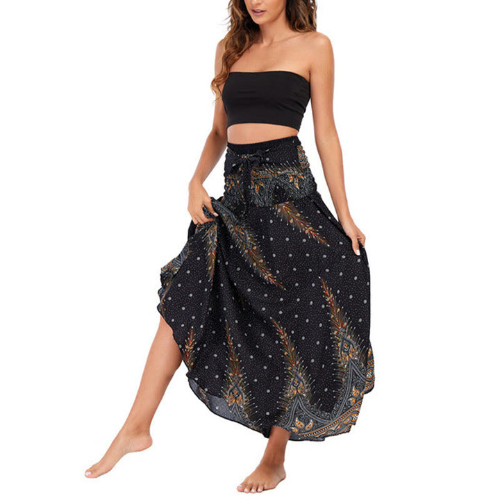 Buddha Stones Dos Estilos Vestir Boho Verano Plumas de Pavo Real Falda Vestido con Cordones - image 11