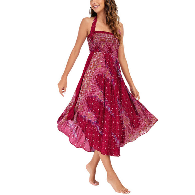 Buddha Stones Dos Estilos Vestir Boho Verano Plumas de Pavo Real Falda Vestido con Cordones - image 20