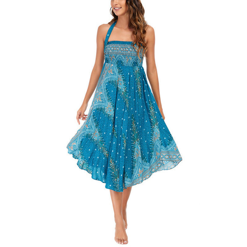 Buddha Stones Dos Estilos Vestir Boho Verano Plumas de Pavo Real Falda Vestido con Cordones - image 2