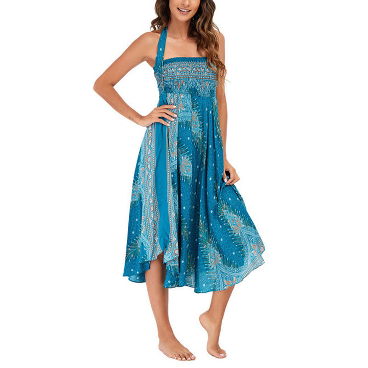 Buddha Stones Dos Estilos Vestir Boho Verano Plumas de Pavo Real Falda Vestido con Cordones - image 6