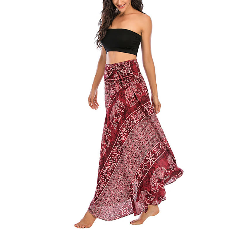 Buddha Stones Estilo Doble Vestir Boho Elefante Geometría Falda con Lazo - image 13