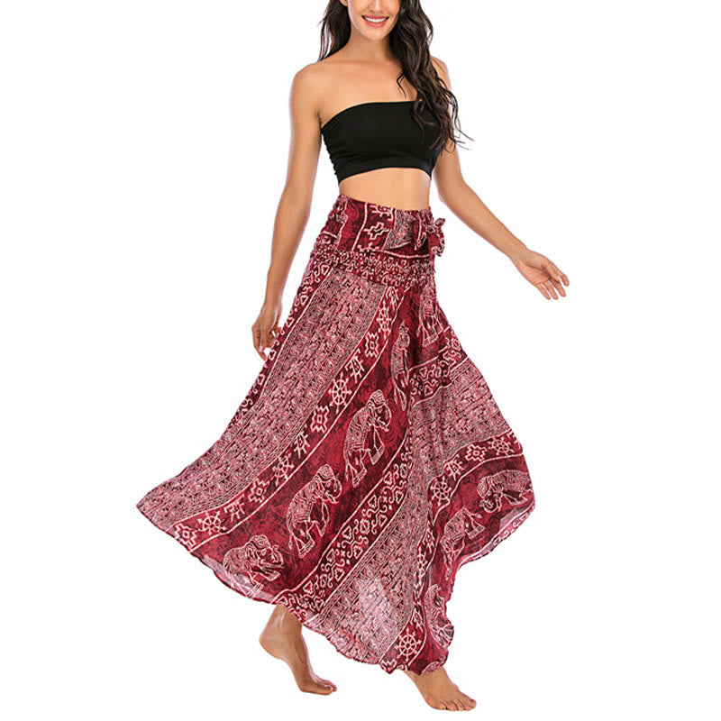 Buddha Stones Estilo Doble Vestir Boho Elefante Geometría Falda con Lazo - image 11