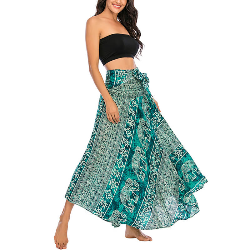 Buddha Stones Estilo Doble Vestir Boho Elefante Geometría Falda con Lazo - image 25