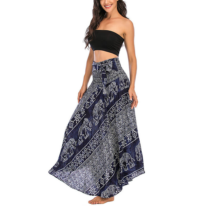 Buddha Stones Estilo Doble Vestir Boho Elefante Geometría Falda con Lazo - image 21