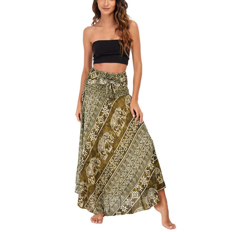 Buddha Stones Estilo Doble Vestir Boho Elefante Geometría Falda con Lazo - image 35