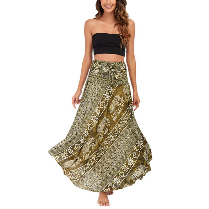 Buddha Stones Estilo Doble Vestir Boho Elefante Geometría Falda con Lazo - image 33
