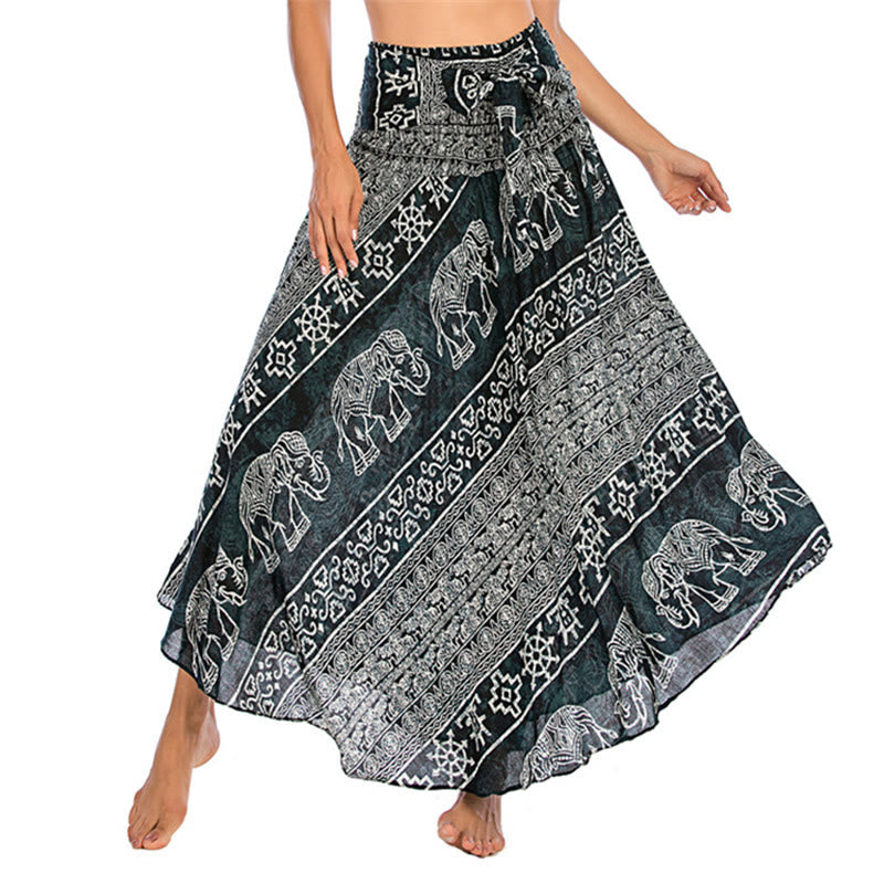 Buddha Stones Estilo Doble Vestir Boho Elefante Geometría Falda con Lazo - Negro - US4-12, UK/AU8-16, EU36-44 (F) - image 0