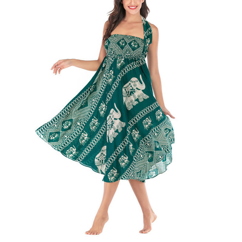 Buddha Stones Dos Estilos Para Usar Bohemio Verano Líneas de Elefante Vestido de Falda con Cierre de Cordón