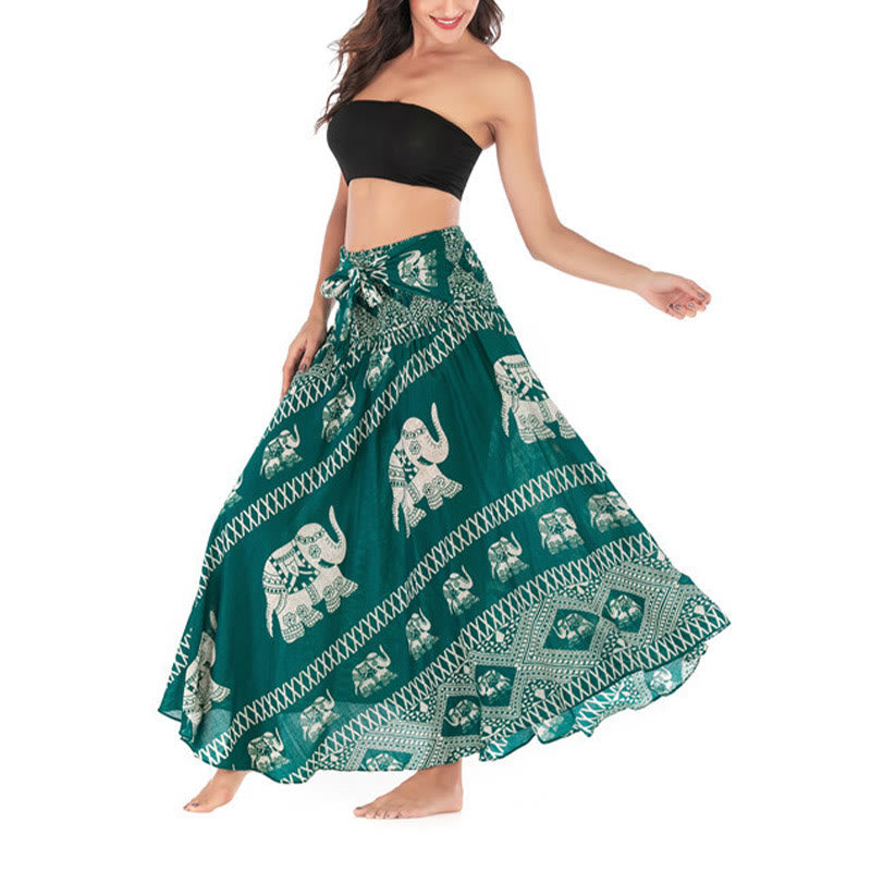 Buddha Stones Dos Estilos Para Usar Bohemio Verano Líneas de Elefante Vestido de Falda con Cierre de Cordón