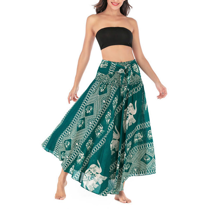 Buddha Stones Dos Estilos Para Usar Bohemio Verano Líneas de Elefante Vestido de Falda con Cierre de Cordón