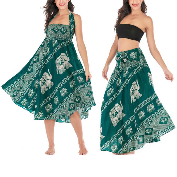 Buddha Stones Dos Estilos Para Usar Bohemio Verano Líneas de Elefante Vestido de Falda con Cierre de Cordón