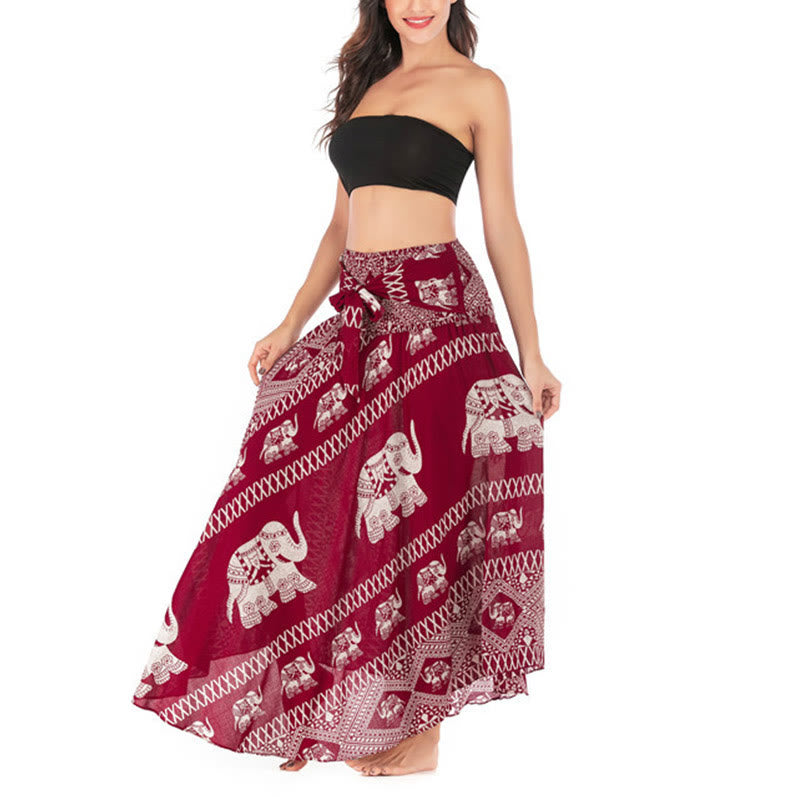 Buddha Stones Dos Estilos Para Usar Bohemio Verano Líneas de Elefante Vestido de Falda con Cierre de Cordón