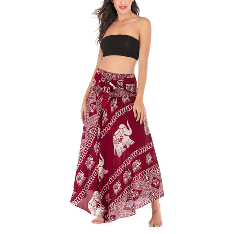 Buddha Stones Dos Estilos Para Usar Bohemio Verano Líneas de Elefante Vestido de Falda con Cierre de Cordón