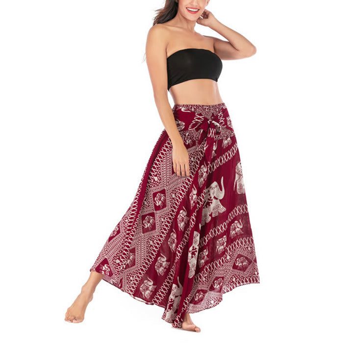 Buddha Stones Dos Estilos Para Usar Bohemio Verano Líneas de Elefante Vestido de Falda con Cierre de Cordón