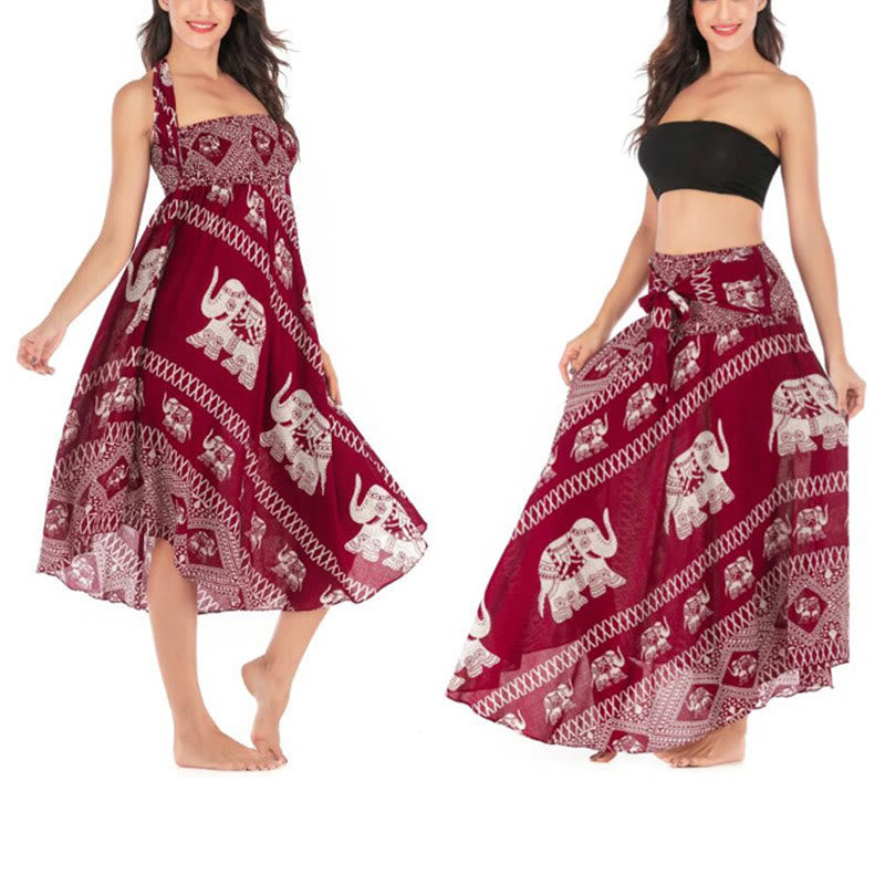 Buddha Stones Dos Estilos Para Usar Bohemio Verano Líneas de Elefante Vestido de Falda con Cierre de Cordón