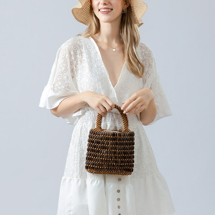 Bolso de Mano de Cuentas de Madera Tejido a Mano con Piedras de Buda
