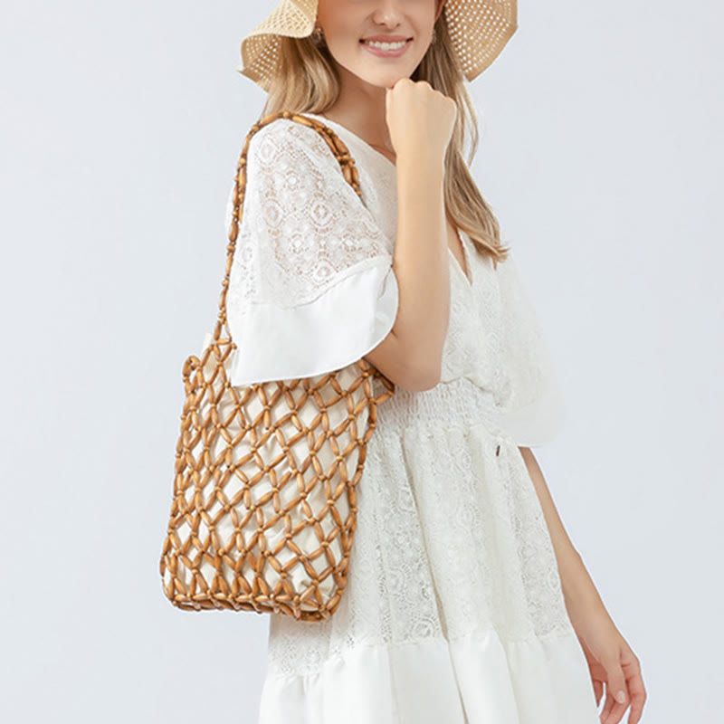 Bolso de hombro con cuentas de madera tejidas a mano con piedras de Buda