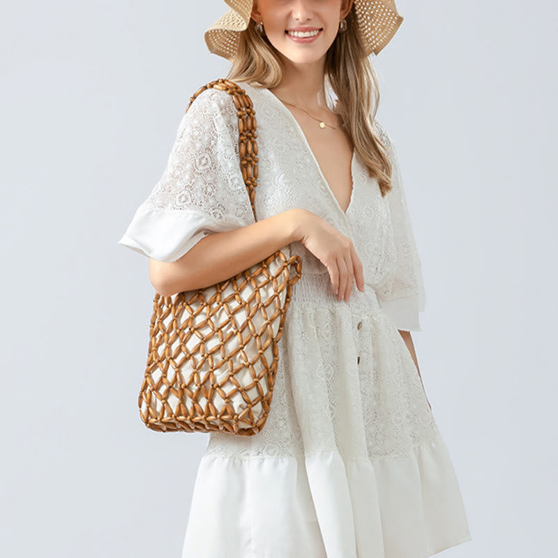 Bolso de hombro con cuentas de madera tejidas a mano con piedras de Buda