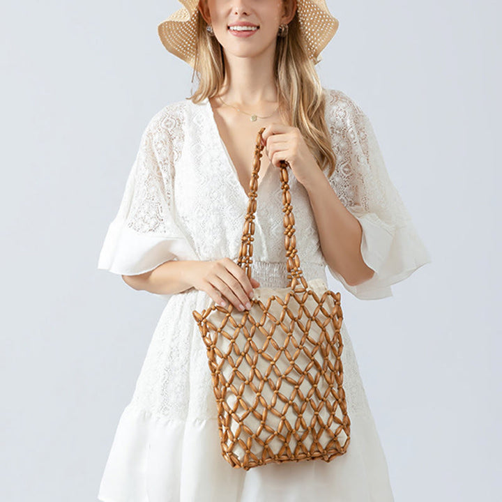 Bolso de hombro con cuentas de madera tejidas a mano con piedras de Buda