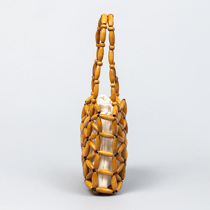 Bolso de mano de cuentas de madera tejidas a mano con piedras de Buda