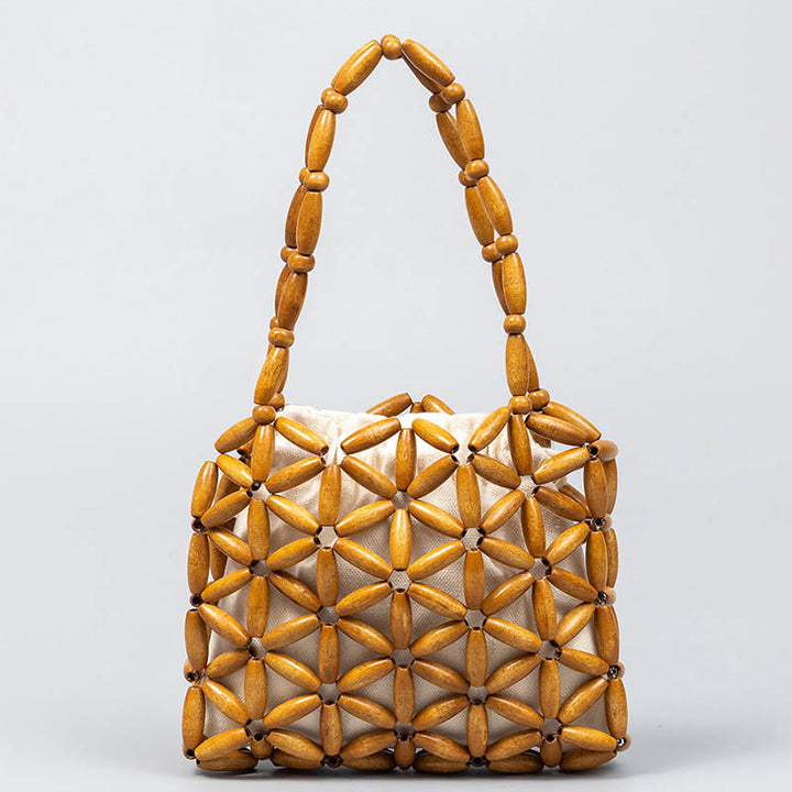 Bolso de mano de cuentas de madera tejidas a mano con piedras de Buda