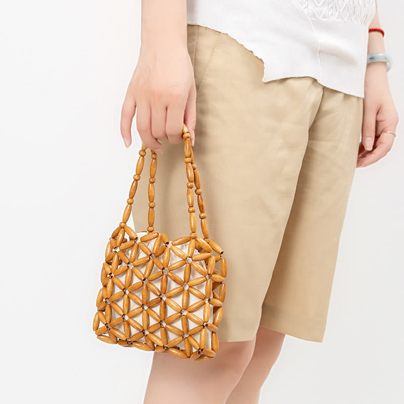 Bolso de mano de cuentas de madera tejidas a mano con piedras de Buda