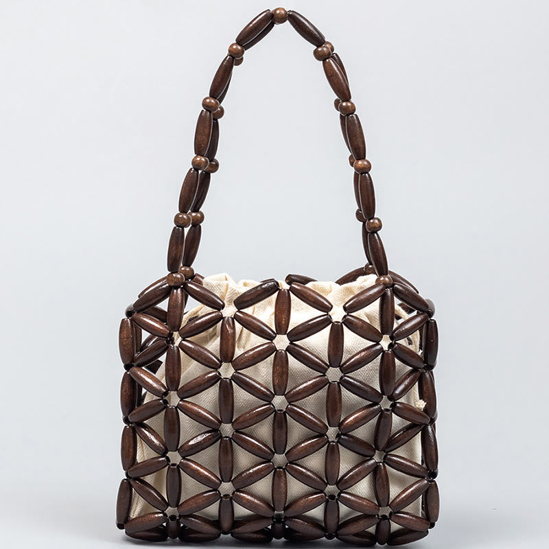 Bolso de mano de cuentas de madera tejidas a mano con piedras de Buda