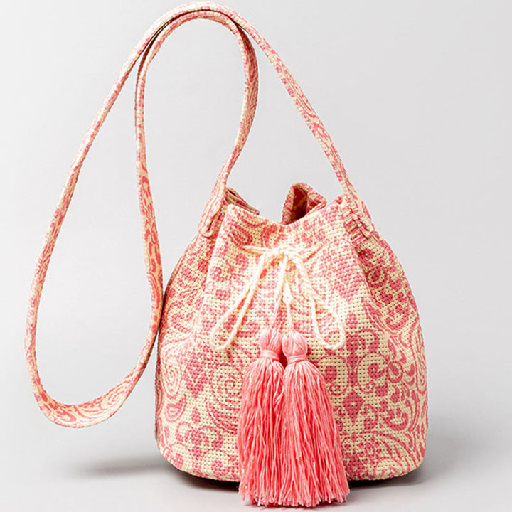 Bolso bandolera de lona con diseño de geometría colorida de flores y piedras de Buda